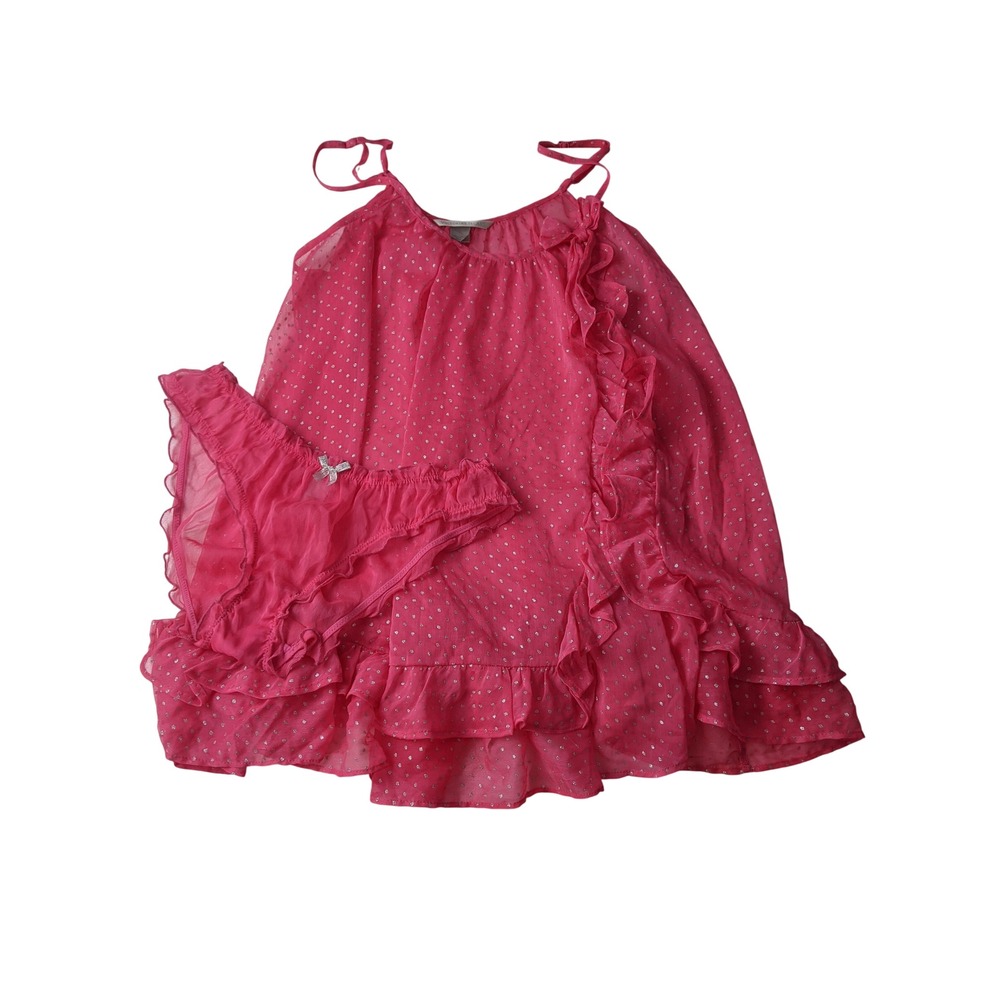 Victoria's Secret Pink Metallic‎ Polka Dot Ruffle Babydoll Lingerie Set Medium